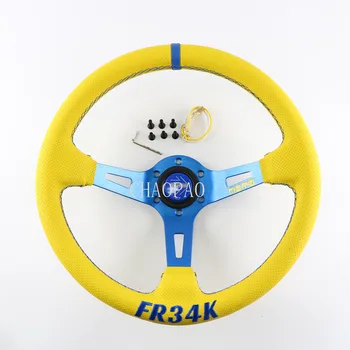 14-дюймовое спортивное рулевое колесо В желтой кожаной синей раме С глубокой вогнутостью гоночного рулевого колеса FR34K