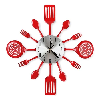 16-дюймовые кухонные настенные часы с ложками и вилками, настенные часы для посуды 3D Room (красный)