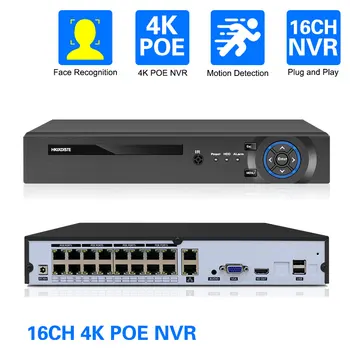 16-Канальный 4K 8MP PoE NVR Видеомагнитофон для Домашней Системы Видеонаблюдения 8-Канальная Запись 24/7 H.265 Face Detect Network Recorder Xmeye