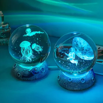 1шт 6 см, семь цветов Могут меняться, 3D Хрустальный шар С подсветкой, стеклянный шар с внутренней резьбой, подставка для светодиодного дисплея, художественные подарки для детей