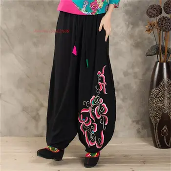 2023 китайские винтажные хлопчатобумажные льняные шаровары, женские брюки с национальной цветочной вышивкой на эластичном поясе, ретро свободные мешковатые брюки