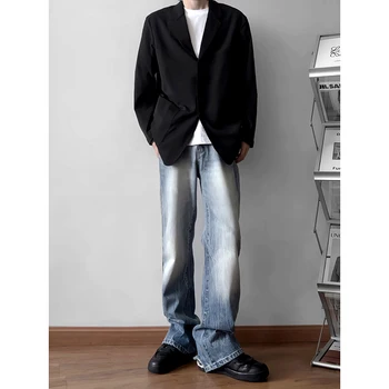 2023 Мужской Корейский модный тренд Уличная одежда Джинсы High Street Синие / черные джинсовые брюки Мешковатые Прямые повседневные брюки M-5XL