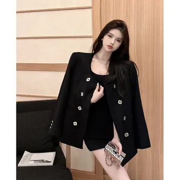 2023 Новая Корейская мода, повседневная куртка в стиле ретро С длинными рукавами, Тонкий стиль, Квадратный вырез, Черное пальто, куртка, Женская одежда