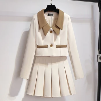 2023, Офисный Женский модный комплект из двух предметов, женские длинные рукава, отложной воротник, плиссированная мини-юбка в стиле пэчворк, Оверсайз 4XL, Корейская