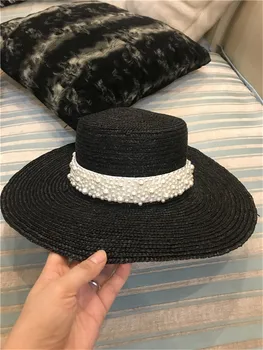 202309-shi ins лето ручной работы черная соломенная жемчужная лента женские фетровые шляпы женская панама для отдыха джазовая шляпа
