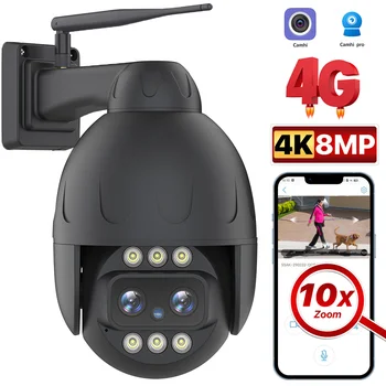 8-Мегапиксельная IP-Камера 4K HD С 4G Sim-Картой С 10-Кратным Зумом WiFi PTZ-Камера Наружная Двухобъективная Безопасность Автоматическое Отслеживание Видеонаблюдения Camhi
