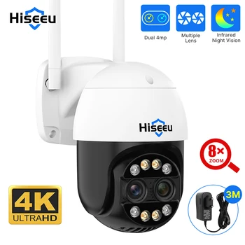 Hiseeu 4K 8MP Двухобъективная Wifi PTZ IP-Камера 2.8 + 12 мм 8Xzoom CCTV Камера Видеонаблюдения Цветная Камера Ночного Видения Для Обнаружения человека