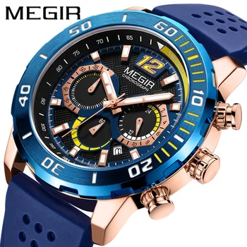 MEGIR, новые модные синие мужские часы, лучший бренд, роскошные силиконовые Водонепроницаемые спортивные кварцевые часы, Мужские наручные часы с хронографом даты.
