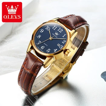 OLEVS 5566 Модный бренд OLEVS, кварцевые наручные часы для женщин, Водонепроницаемый Календарь, часы премиум-класса, Кожаный ремешок, женские часы для отдыха,