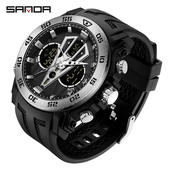 SANDA 6105 Спортивные водонепроницаемые часы для мужчин, Секундомер с двойным временем, светодиодные цифровые кварцевые наручные часы, военные часы Reloj Hombre