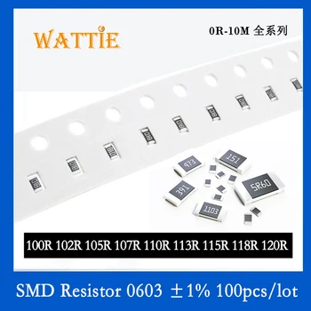 SMD резистор 0603 1% 100R 102R 105R 107R 110R 113R 115R 118R 120R 100 шт./лот микросхемные резисторы 1/10 Вт 1.6 мм *0.8 мм