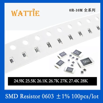 SMD резистор 0603 1% 24.9K 25.5K 26.1K 26.7K 27K 27.4K 28K 100 шт./лот микросхемные резисторы 1/10 Вт 1.6 мм * 0.8 мм