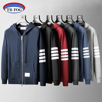 TB FOG Thom, мужской свитер с капюшоном, весенне-осенняя мода, пальто с длинным рукавом с большим карманом, повседневная мужская верхняя одежда в четыре полосы.