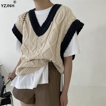 YZJNH 2023 Осень/Зима, новая свободная вязаная без рукавов с V-образным вырезом, утолщенная майка, свитер, жилет для женщин