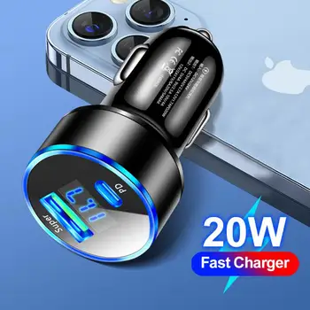 Автомобильное зарядное устройство PD мощностью 20 Вт USB Type C с цифровым дисплеем, адаптер для быстрой зарядки автомобильного телефона для iPhone Xiaomi Huawei Samsung Charging