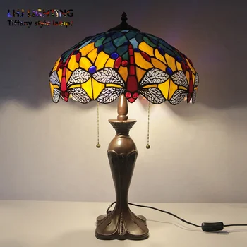 Бренд LongHuiJing 16-дюймовый Европейский абажур из витражного стекла в стиле Стрекозы Настольная лампа Тиффани