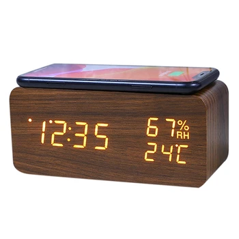 Будильник температуры и влажности 4 в 1 Светодиодные электронные часы Цифровой будильник Деревянный смартфон Беспроводное зарядное устройство