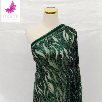 Высококачественная кружевная ткань с вышивкой бисером и блестками, Оптовая Продажа, ткань для вечернего платья из Африканского тюля, 1 ярд HY1613