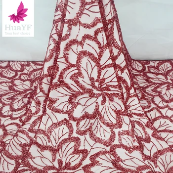 Горячая распродажа 1 ярда красного кружева с 3D цветочным дизайном, расшитого бисером, французского тюля, свадебного платья, кружевной ткани HY2005