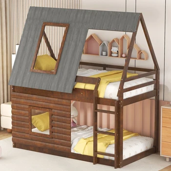 Двухъярусная кровать Twin Size House из серого дерева с крышей, лестницей и 2 окнами, дуб и дымчатый для мебели для спальни в помещении