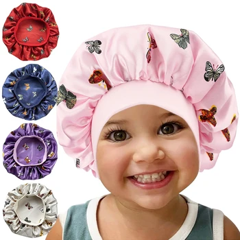 Детская атласная шапочка с принтом бабочки; новая детская шапочка с эластичным принтом; модная удобная шапочка для сна; шапочка для волос