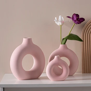 Европейская розовая керамическая ажурная ваза, Цветочная композиция, Украшение растений, Ваза для обеденного стола, Украшение интерьера