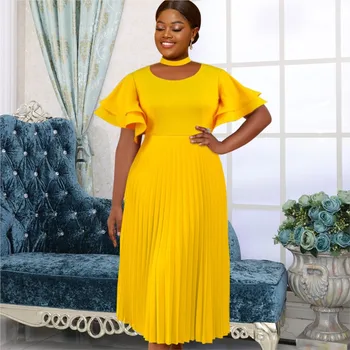 Желтые Модные Африканские платья Для женщин, Летнее Новое Элегантное Плиссированное платье с рукавами-трубами, халат Africa Clothes Cocktail 4XL