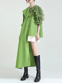 Женская зеленая плиссированная длинная блузка неправильной формы, Новая рубашка свободного кроя с отворотом и коротким рукавом Fashion Tide Весна-лето O203
