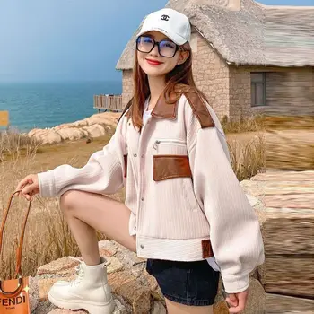 Женская короткая вельветовая куртка Осень 2023, новая Корейская версия, приятный контрастный цвет, свободный повседневный топ, универсальное пальто в стиле Ins Fashion