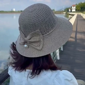 Женская летняя солнцезащитная шляпа, элегантная соломенная шляпа с бантом, женская пляжная дорожная кепка с защитой от ультрафиолета, панама с широкими полями, Сомбреро Женщин