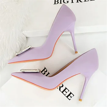 Женские вечерние туфли-лодочки фиолетового персикового цвета на высоком каблуке 10 см, женские свадебные туфли на каблуках для новобрачных, Шелковые туфли для ночного клуба, украшенные стразами.