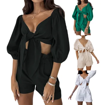 Женские повседневные комплекты из двух предметов, модный однотонный кардиган со средним рукавом и шорты-фонарики, уличная одежда