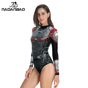 Женский купальник NADANBAO с длинным рукавом и принтом Armor, Цельная спортивная одежда для плавания, Летняя Повседневная Сексуальная пляжная одежда, купальный костюм