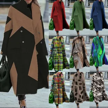 Женское свободное шерстяное пальто 2023, осенне-зимнее шерстяное пальто, однотонное теплое пальто с длинными рукавами для работы на работу