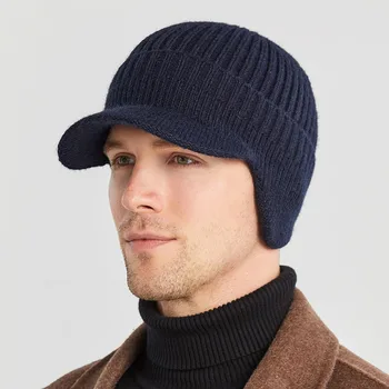 Зимние Теплые мужские вязаные наушники, бейсболка, однотонная уличная ветрозащитная шапка-утеплитель для ушей, мужские эластичные вязаные крючком морозостойкие шапки