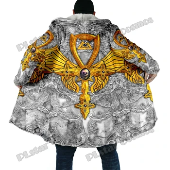 Зимний модный мужской плащ, Древний Египетский Анк и Череп С 3D принтом, Толстый флисовый плащ с капюшоном, Повседневное теплое пальто-накидка DP37