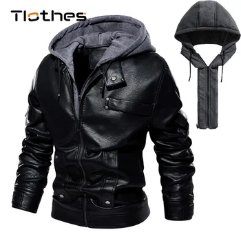 Зимняя уличная одежда, куртки из искусственной кожи с капюшоном, мужская верхняя одежда, шляпа, съемная теплая флисовая мотоциклетная кожаная куртка, мужские байкерские пальто, размер США