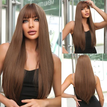Золотисто-коричневые синтетические парики с челкой, длинный прямой парик из натуральных волос для чернокожих женщин, Термостойкие накладные волосы для косплея на каждый день