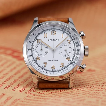Кварцевые часы Baltany с хронографом 5 АТМ, многофункциональный циферблат с белой эмалью, Швейцарская желтая масляная подсветка, 24-часовая водонепроницаемость, Винтажные часы