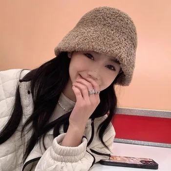 Корейская женская осенне-зимняя универсальная теплая вязаная шапка, уличные элегантные простые однотонные шляпы-ведра, универсальная шапочка-бини