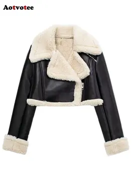 Короткие куртки Aotvotee для женщин 2023, Новая модная уличная одежда с длинным рукавом, Осенне-зимние куртки из флока, Элегантное винтажное пальто