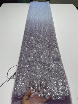 Кружевная ткань с африканскими камнями, 5 ярдов, блестки 2023, высококачественный сетчатый кружевной материал из бисера в Нигерийском стиле для вечернего свадебного шитья