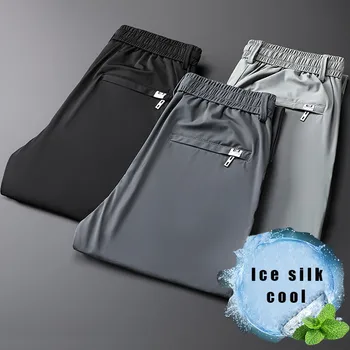 Крутые мужские брюки Ice Silk, летние Тонкие повседневные уличные быстросохнущие спортивные брюки, мужские прямые мешковатые повседневные мужские брюки
