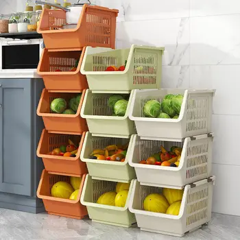 Кухонный пол из трех частей, Многослойный штабелируемый стеллаж для хранения, держатель для приправ, Корзина для овощей, Корзина для фруктов