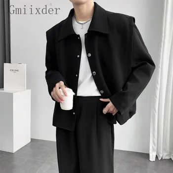 Легкий зрелый пиджак с лацканами, мужской элитный уличный блейзер, мужское нишевое короткое пальто на пуговицах, черное пальто оверсайз