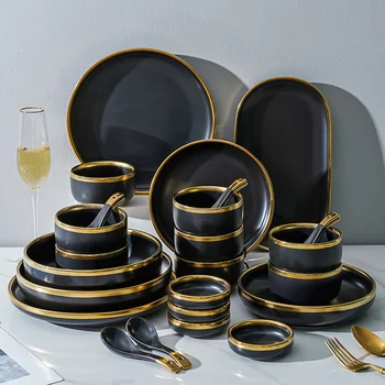 Легкий набор посуды класса люкс, керамическая бытовая посуда с матовым черным золотым ободком, комбинированная посуда net red Nordic, полный набор посуды