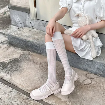 Летние Тонкие дышащие женские носки до икр, японские крутые тонкие длинные носки для девочек, прозрачные носки-трубки, однотонные Черные Белые носки