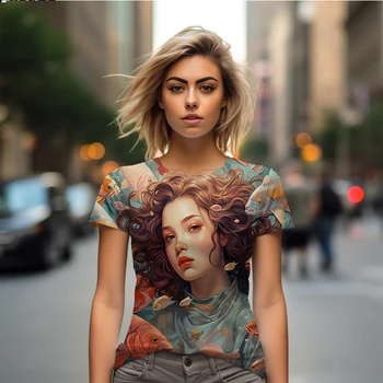 Летняя новая женская футболка, красивая женская футболка с 3D принтом, красивая повседневная женская футболка, модная свободная женская футболка