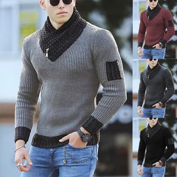 Модный и классический мужской свитер с высоким воротником и шарфом Идеально подходит для прохладного дня, Мужские теплые Хлопчатобумажные Пуловеры и свитера 2023