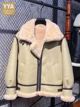 Мужская Байкерская куртка из овечьей шерсти, пальто из натуральной кожи, зимняя верхняя одежда, теплая Шерстяная подкладка, пальто из натурального меха, Винтажные куртки пилотов